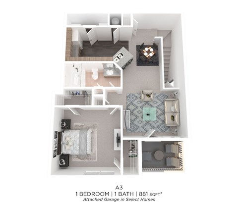 Floor plan for 1 bed, 1 bath, 881 sqft